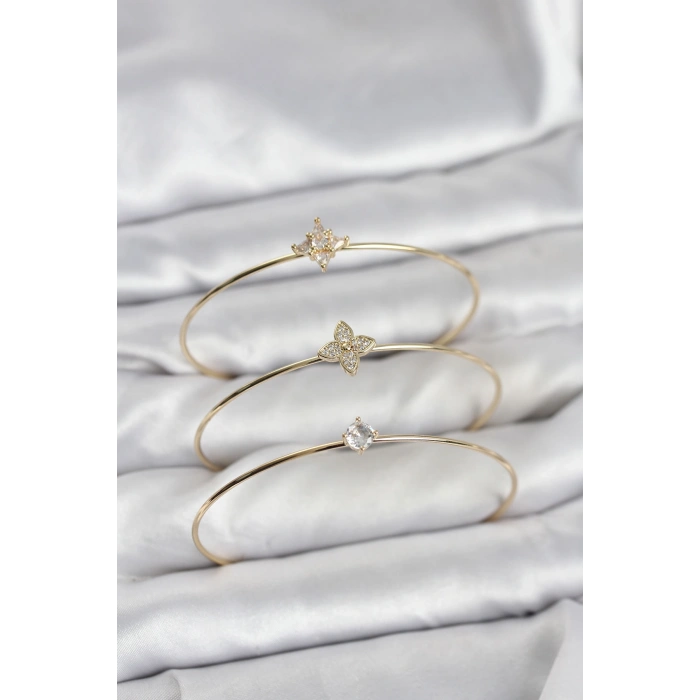 Zirkon Taşlı Gold Renk Yonca Model 3lü Kadın Bileklik Kombini