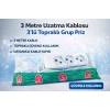 3 Metre Uzatma Kablosu 3’lü Topraklı Grup Priz 16A Dayanıklı Kablo