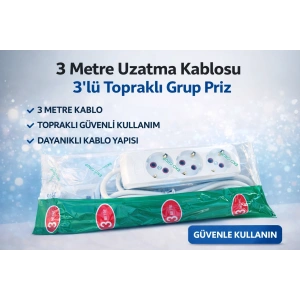 3 Metre Uzatma Kablosu 3’lü Topraklı Grup Priz 16A Dayanıklı Kablo