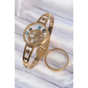 316L Çelik Altın Renk İçi Yaşam Ağacı ve Nazar Boncuk Figürlü Açılabilir Fanus Kelepçe