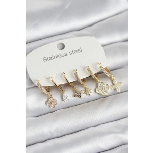 316L Çelik Gold Renk 6lı Set Yonca Model Kadın Küpe