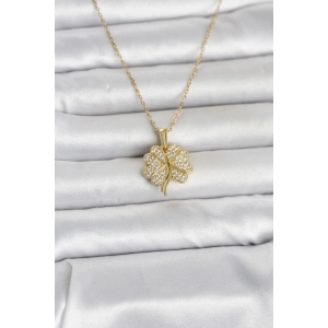 316L Çelik Gold Renk Açılabilir Yonca Model Zirkon Taşlı Kadın Kolye