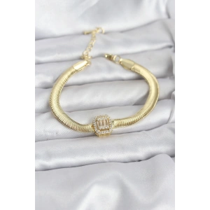 316L Çelik Gold Renk Baget Zirkon Taşlı Yılan Zincirli Kadın Bileklik
