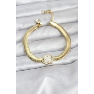 316L Çelik Gold Renk Beyaz Yonca Model Zirkon Taşlı Yılan Zincirli Kadın Bileklik
