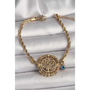 316L Çelik Gold Renk Burgu Zincir Model Dorika Yaşam Ağacı Figür Nazar Boncuk Detay Kadın Bileklik