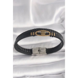 316L Çelik Gold Renk Gemi Dümen Figür Siyah Renk Çift Sıra Burgu Desenli Deri Kordon Erkek Bileklik