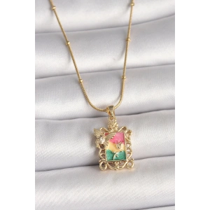 316L Çelik Gold Renk Renkli Zirkon Taşlı Kelebek İşlemeli Portre Model Kadın Kolye