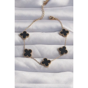 316L Çelik Gold Renk Siyah Mineli Yonca Bileklik