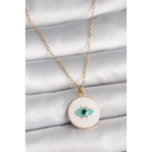 316L Çelik Gold Renk Zincir Beyaz Mineli Turkuaz Göz İşleme Model Kadın Kolye