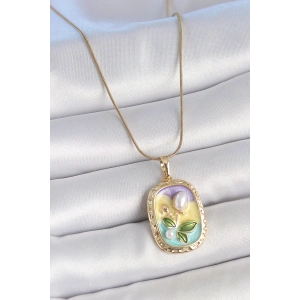 316L Çelik Gold Renk Zincir İncili Çiçek İşlemeli Portre Model Kadın Kolye