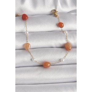 316L Çelik Gold Renk Zincir Turuncu Doğaltaş Model İnci Detay Kadın Bileklik