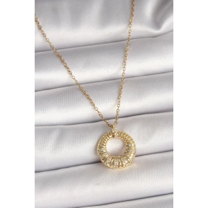 316L Çelik Gold Renk Zincir Zirkon Taş İşlemeli Daire Model Kadın Kolye
