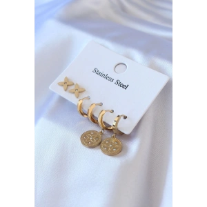 316L Çelik Gold Renk Zirkon Taş Detay Çiçek İşleme Kadın Küpe Seti