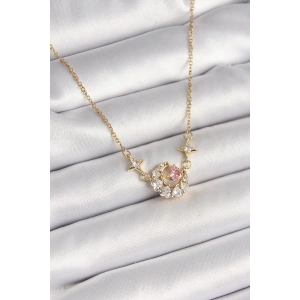 316L Çelik Gold Renk Zirkon Taşlı Hilal Pembe Kalp Model Kadın Kolye