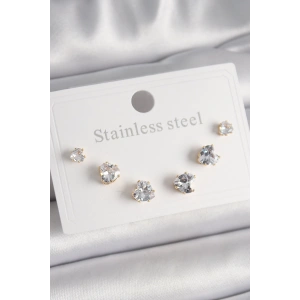 316L Çelik Gold Renk Zirkon Taşlı Kalp Model Kadın Küpe Seti