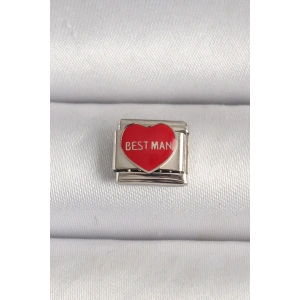 316L Çelik Gümüş Renk Best Man Yazılı Kırmızı Kalp İşlemeli Nomination Charm