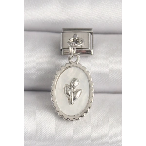 316L Çelik Gümüş Renk Beyaz Mineli Çiçek İşlemeli Nomination Charm