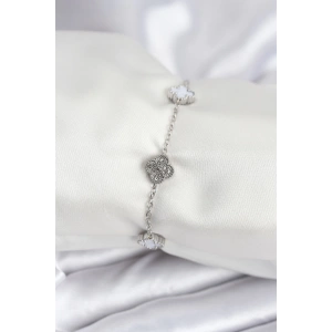 316L Çelik Gümüş Renk Beyaz ve Zirkon Taşlı Baby Boy Yonca Kadın Bileklik