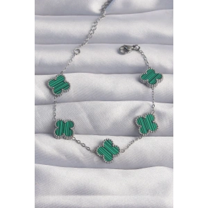 316L Çelik Gümüş Renk Çizgili Yeşil Mineli Yonca Bileklik