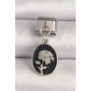 316L Çelik Gümüş Renk Gümüş Çiçek İşlemeli Siyah Portre Model Nomination Charm