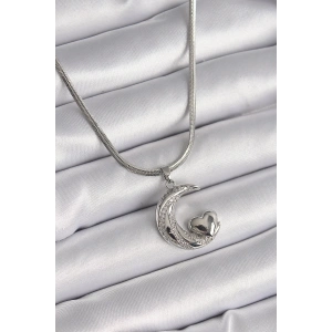 316L Çelik Gümüş Renk İtalyan Zincir Zirkon Taşlı Halil Figür Kalp Detay Kadın Kolye