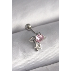 316L Çelik Gümüş Renk Pembe Zirkon Taşlı Sallantı Yıldız Detay Tragus Piercing