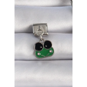 316L Çelik Gümüş Renk Sallantılı Yeşil Kurbağa Figür Nomination Charm