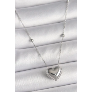 316L Çelik Gümüş Renk Topçuk Detay Zincir Kalp Model Kadın Kolye