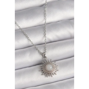 316L Çelik Gümüş Renk Zincir Beyaz Mineli Güneş Model Kadın Kolye