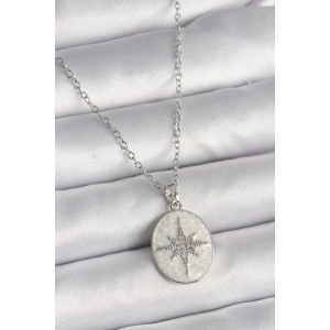 316L Çelik Gümüş Renk Zincir Beyaz Mineli Zirkon Taşlı Kutup Yıldız İşleme Kadın Kolye