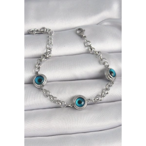 316L Çelik Gümüş Renk Zincir Model Nazar Boncuklu Kadın Bileklik