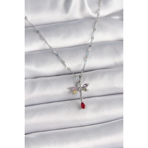 316L Çelik Gümüş Renk Zincir Renkli Zirkon Taşlı Yusufçuk Model Kadın Kolye