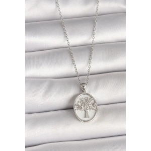 316L Çelik Gümüş Renk Zincir Zirkon Taş İşlemeli Beyaz Mineli Ağaç İşlemeli Portre Model Kadın Kolye