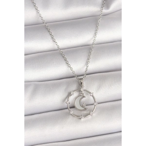 316L Çelik Gümüş Renk Zincir Zirkon Taşlı Beyaz Mineli Hilal Model Kadın Kolye