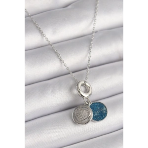 316L Çelik Gümüş Renk Zincir Zirkon Taşlı İşleme Mavi Simli Kadın Kolye