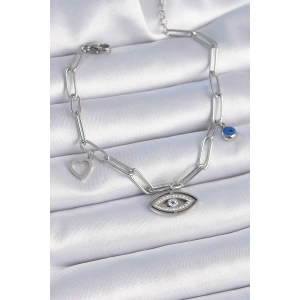 316L Çelik Gümüş Renk Zirkon Taşlı Göz Figür Kalp Detay Kadın Bileklik