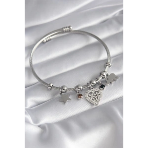 316L Çelik Gümüş Renk Zirkon Taşlı Kalp Figür Fil Detay Charm Model Kadın Bileklik