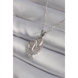 316L Çelik Gümüş Renk Zirkon Taşlı Kanat Model Kadın Kolye