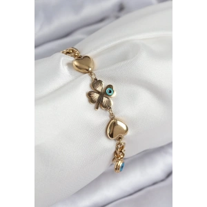 316L Çelik Nazar Boncuk Detaylı Yonca Model Gold Renk Kadın Bileklik