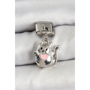 316L Çelik Sallantılı Kalp Detaylı Kedi Model Gümüş Renk Nomination Charm