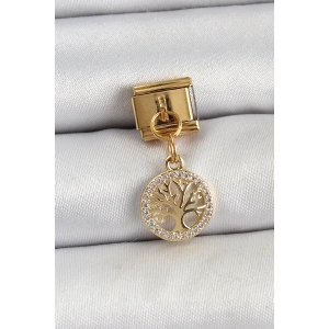 316L Çelik Sallantılı Zirkon Taşlı Hayat Ağacı Model Gold Renk Nomination Charm