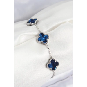 316L Çelik Sedefli Lacivert Gümüş Renk Yonca Kadın Bileklik