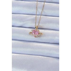 316L Çelik Zincir Altın Renk Pembe Zirkon Taşlı Satürn Görünümlü Kalp Kolye