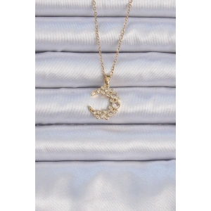 316L Çelik Zincir Altın Renk Zirkon Taşlı Ay Kolye
