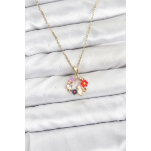 316L Çelik Zincir Gold Renk Çiçekli Kedili Model Kadın Kolye