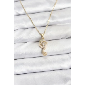 316L Çelik Zincir Gold Renk Deniz Atı Model Zirkon Taşlı Kadın Kolye
