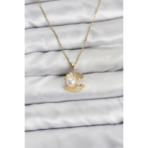 316L Çelik Zincir Gold Renk İstiridye İnci Model Zirkon Taşlı Kadın Kolye