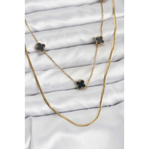 316L Çelik Zincir Gold Renk İtalyan Zincirli Siyah Yonca Model Kadın Kolye