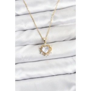 316L Çelik Zincir Gold Renk Kalp Model Zirkon Taşlı Kadın Kolye