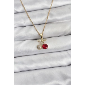 316L Çelik Zincir Gold Renk Kiraz Model Zirkon Taşlı Kadın Kolye
